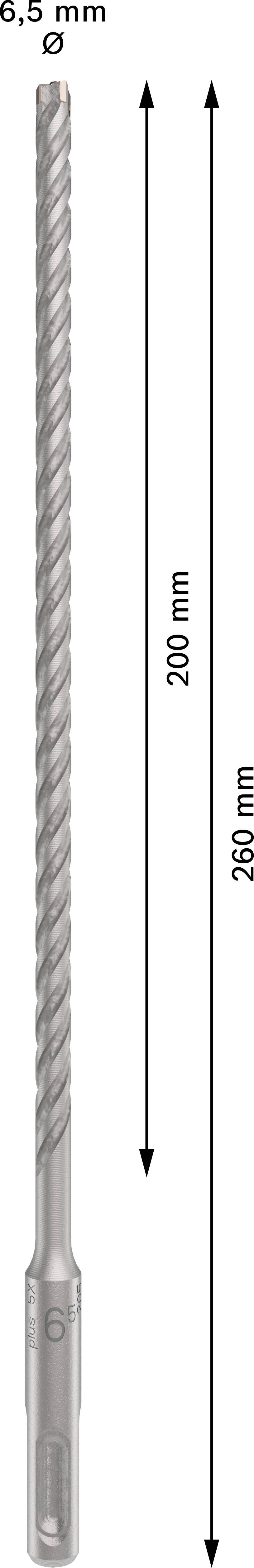 'Foret Attention 6,5 mm' sur le foret illustré de 260 mm de long avec rainure hélicoïdale.