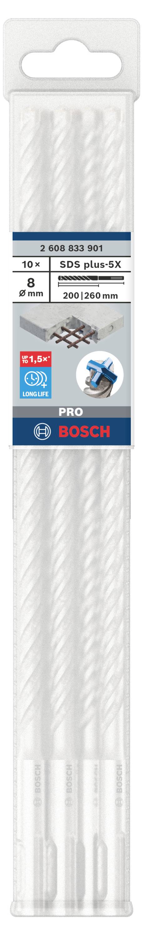 Lot de cinq forets blancs de la marque Bosch, adaptés au béton, à la pierre et à la maçonnerie. L'emballage présente les outils et les forets en action.