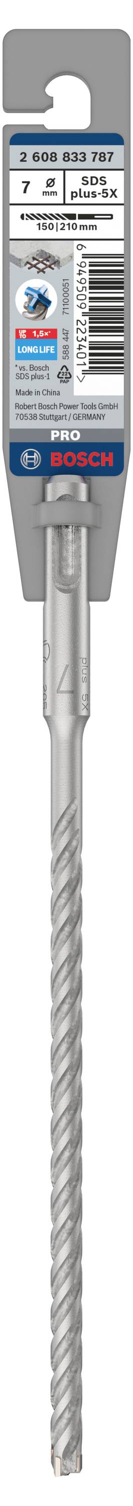 Foret Bosch pour béton, diamètre de 7 mm. Emballage avec spécifications du produit, code EAN et applications recommandées.