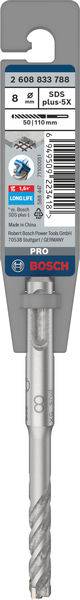 Emballage d'un foret Bosch SDS-plus, diamètre 7 mm, longueur de travail 100 mm. Code produit : 2 608 596 386. Idéal pour les travaux en béton.