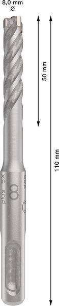 'Image d'un foret gris d'un diamètre de 8,0 mm et d'une longueur totale de 110 mm. La longueur de la rainure est de 50 mm.'