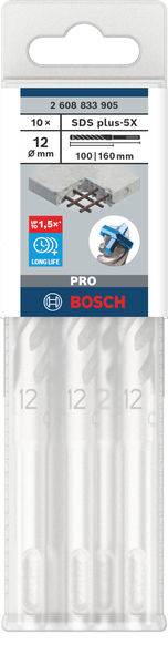 Ensemble de forets Bosch, 10 pièces, SDS plus-5X, diamètre 12 mm, longueur 100/160 mm. Adapté au béton, durée de vie prolongée.