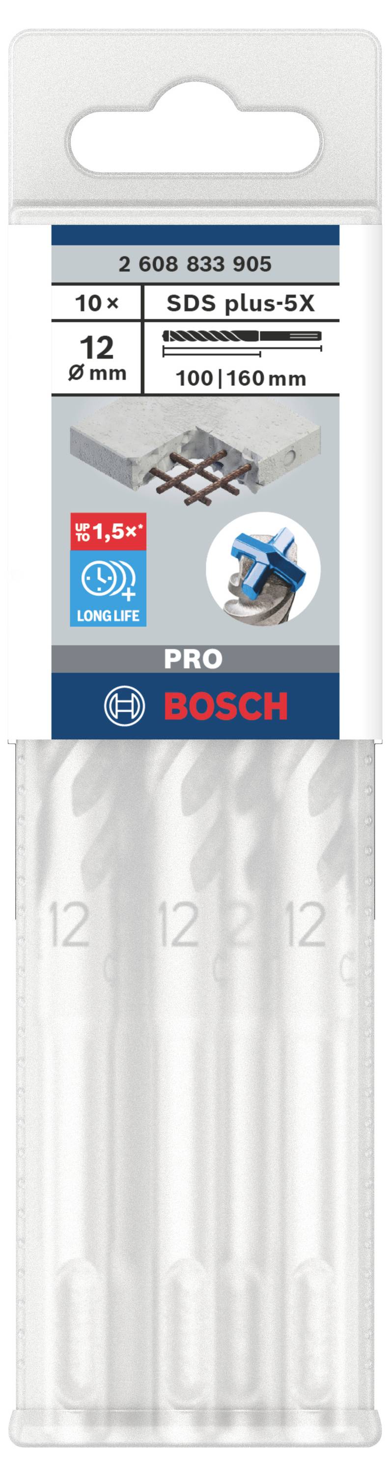 Emballage de set de forets Bosch, SDS plus-5X, 10 pièces, 12 mm. Adapté pour le béton et la pierre. Contient trois forets dans une fenêtre transparente.