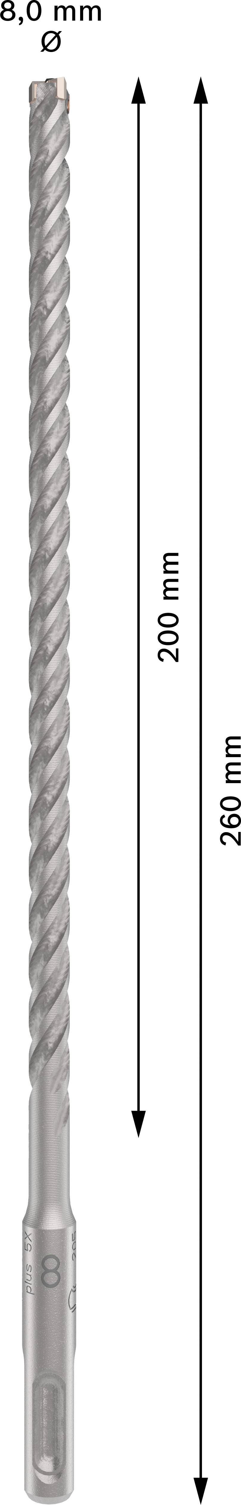 'Foret de 6 mm de diamètre et de 260 mm de longueur, dont 200 mm de longueur filetée, avec un design hélicoïdal et des flèches indiquant la longueur.'