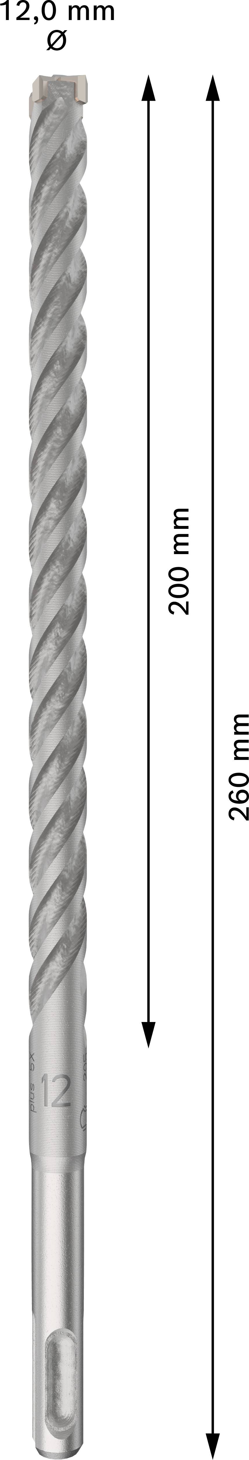 Un foret gris de 12 mm de diamètre et d'une longueur totale de 260 mm, avec une zone utile de 200 mm et une forme spiralée.