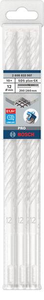 Coffret de forets Bosch, composé de cinq pièces, adapté pour le béton et la maçonnerie. Comprend les dimensions et les détails d'emballage.