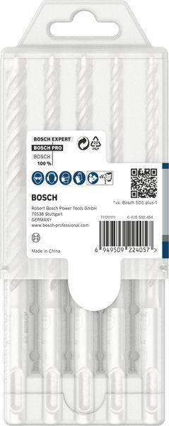 Emballage contenant cinq forets Bosch, adaptés au béton. Comprend les coordonnées de contact et un code-barres, fabriqué en Chine.