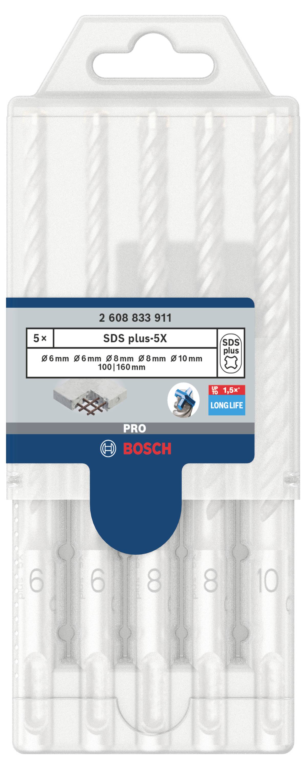 Emballage de forets Bosch, modèle SDS plus-5X, en cinq tailles : 6 mm, 6 mm, 8 mm, 8 mm, 10 mm. Convient pour le béton.