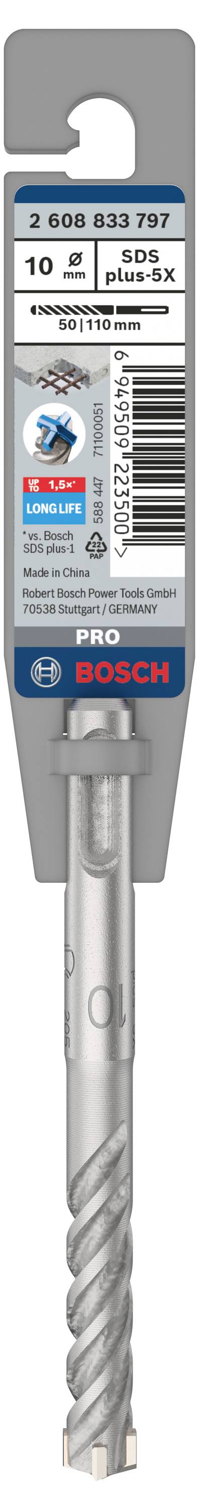 Foret Bosch, modèle SDS plus-5X, diamètre 10 mm, longueur 100 mm. L'emballage présente le logo et les informations du produit.