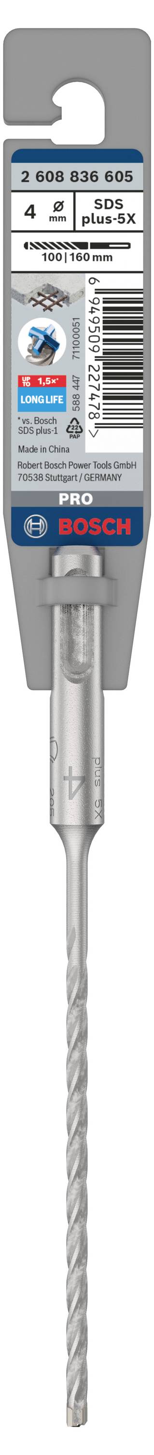 Foret Bosch dans son emballage. Adapté pour le béton, la maçonnerie, la pierre naturelle. SDS-plus, diamètre 4 mm, longueur 75 mm.