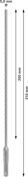 Foret long de diamètre 5,0 mm et de longueur 310 mm, dont 250 mm de longueur utile.