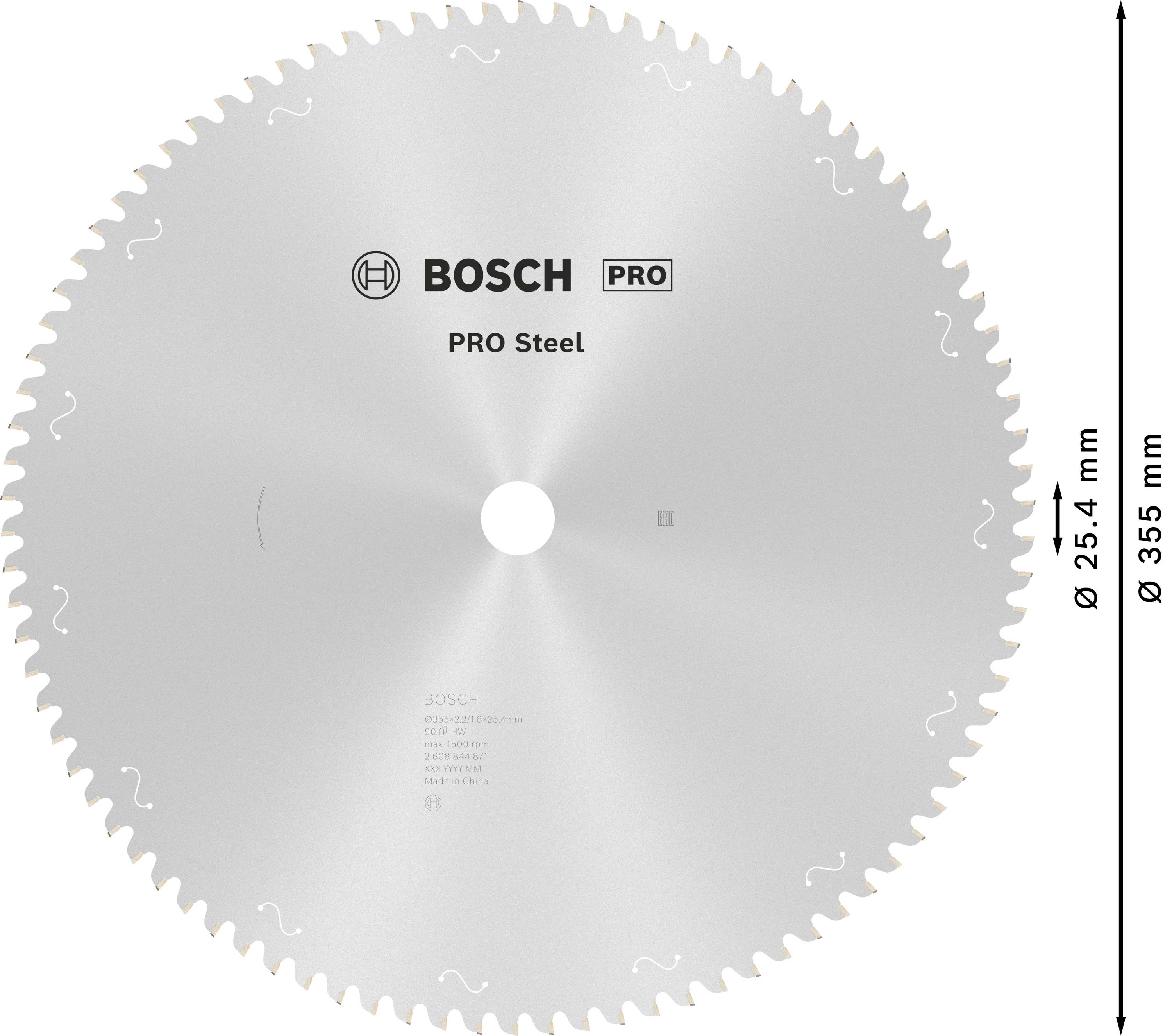 Une lame de scie circulaire en acier portant l'inscription 'BOSCH PRO Steel', diamètre 355 mm, alésage 25,4 mm.