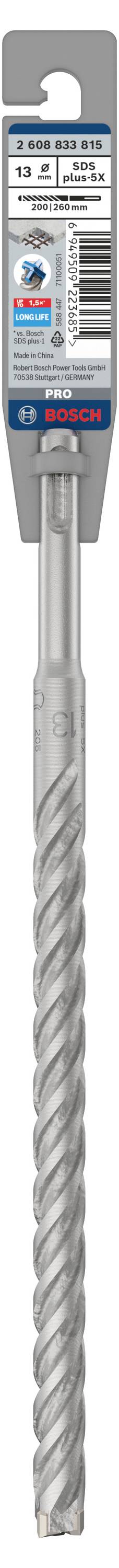 Un foret gris Bosch SDS-Plus de 8 mm de diamètre et de 150 mm de long, adapté pour le travail du béton et de la pierre. Emballage en haut.