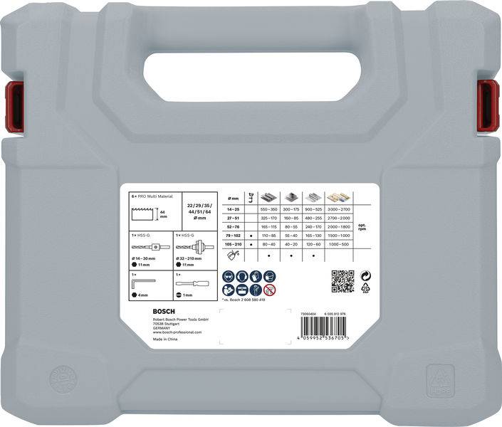 Coffret à outils gris avec poignée de transport. L'autocollant indique les informations du produit, les dimensions et les instructions d'utilisation pour les forets.