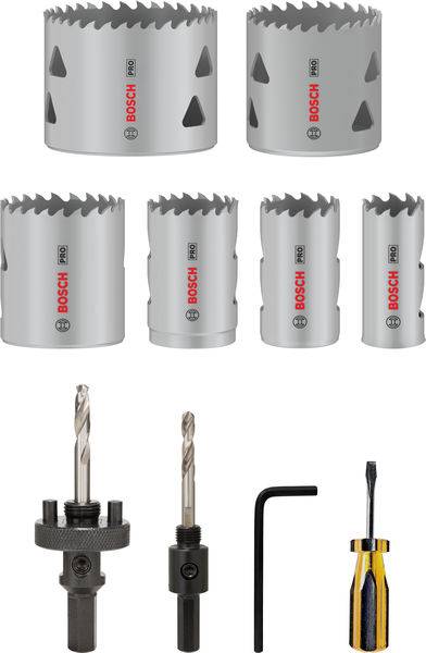 La phrase montre un coffret de scies-cloches Bosch comprenant six scies-cloches de différentes tailles, deux forets, une clé hexagonale et un tournevis.