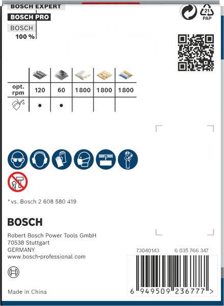 Étiquette 'Bosch Expert' pour lames de scie à ruban en métal avec options de tours par minute et avertissements de sécurité. Fabriqué en Chine.