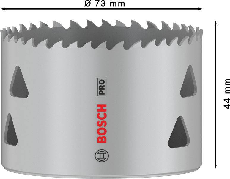 Scie cloche d'un diamètre de 73 mm et d'une hauteur de 44 mm, adaptée aux applications professionnelles. Marque 'BOSCH PRO'.