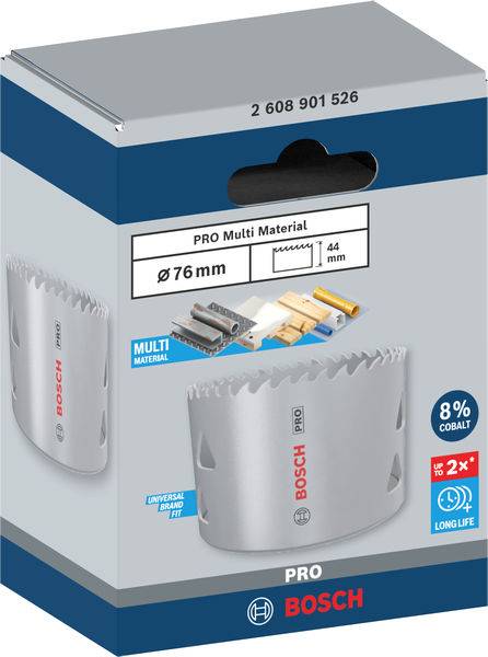 'Scie cloche Bosch, 76 mm, PRO Multi Matériaux pour applications polyvalentes, contient 8% de cobalt pour une durée de vie prolongée.'