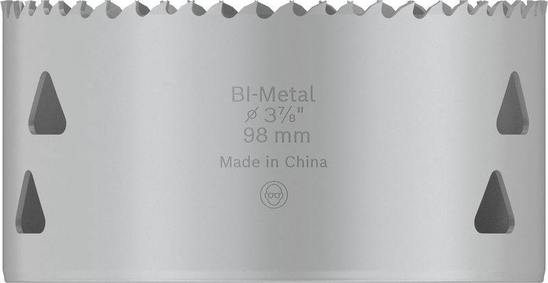 Scie cloche en métal bi-matière de 98 mm de diamètre, 'Made in China', de couleur argent, avec bord dentelé et découpes triangulaires.