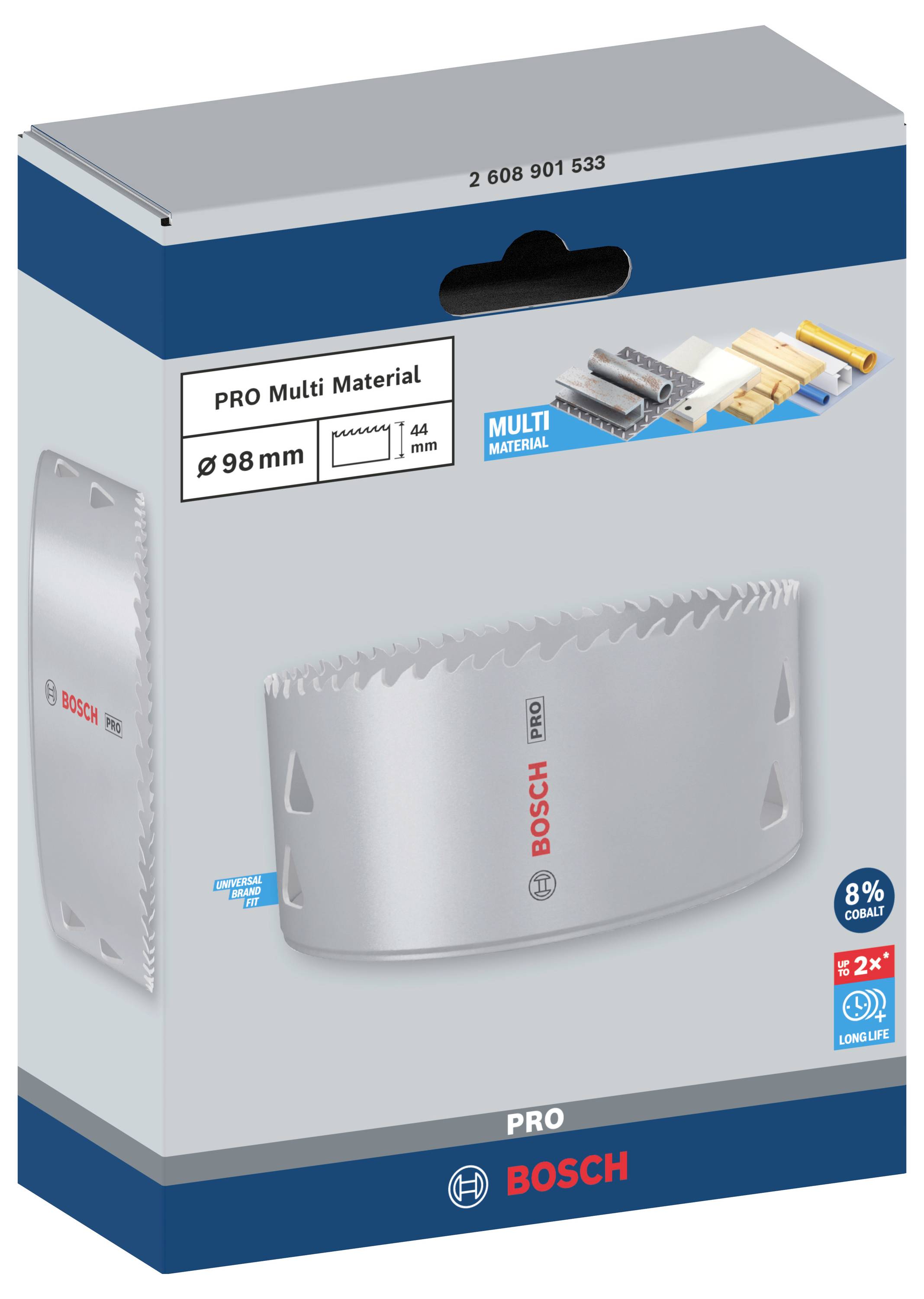 Emballage d'une scie cloche Bosch PRO, diamètre de 98 mm, adaptée aux multi-matériaux tels que le bois et le métal.