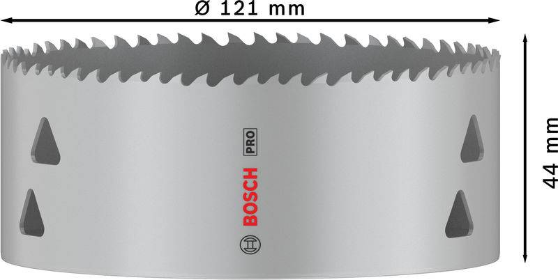 Couronne de forage en métal Bosch Pro, couleur argent, diamètre 121 mm, hauteur 44 mm, avec des dents tranchantes sur le bord pour les grands perçages.