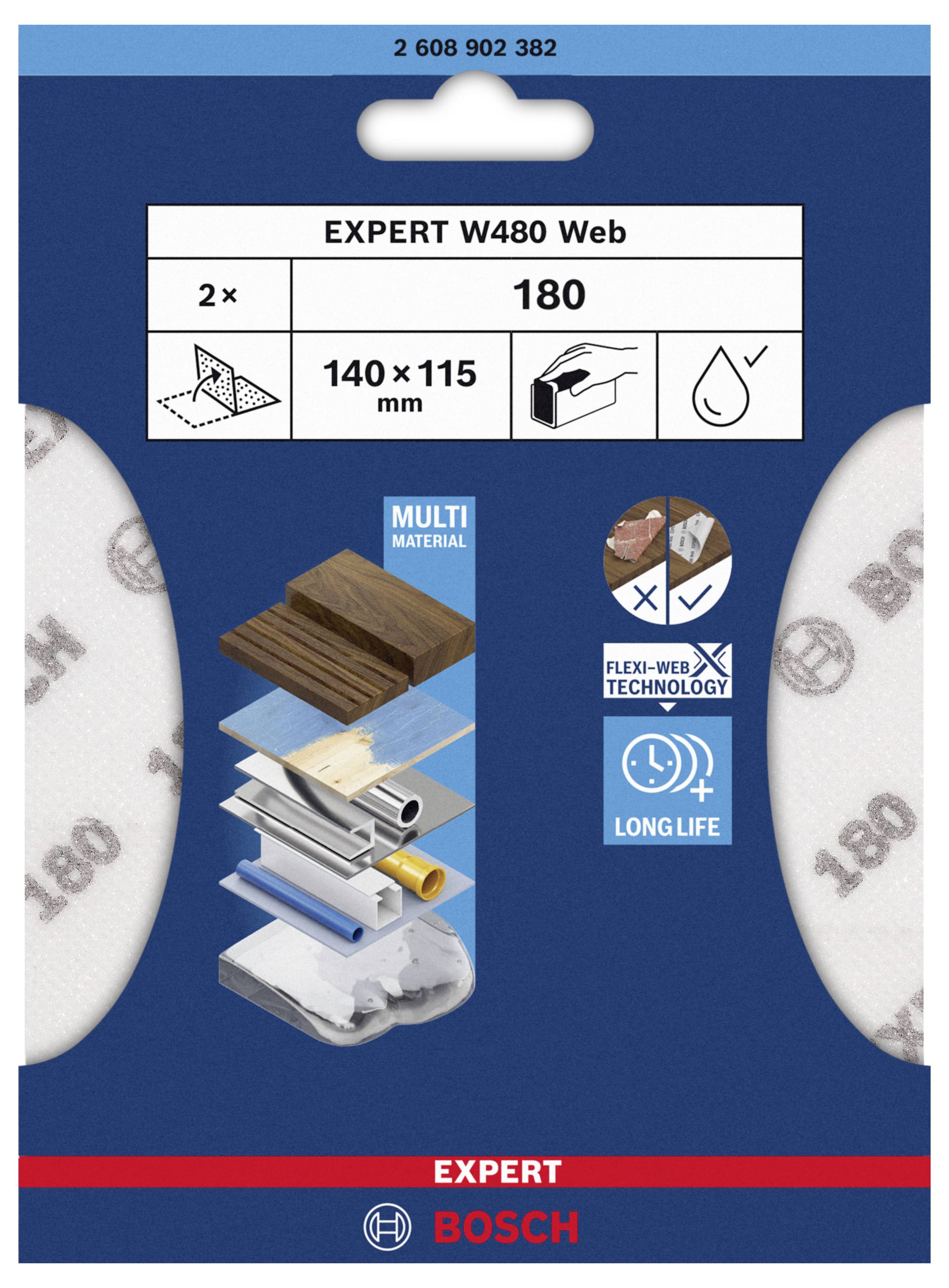 Emballage de papier de verre Bosch, adapté pour le bois et le métal, dimensions 140 x 115 mm, grain 180.