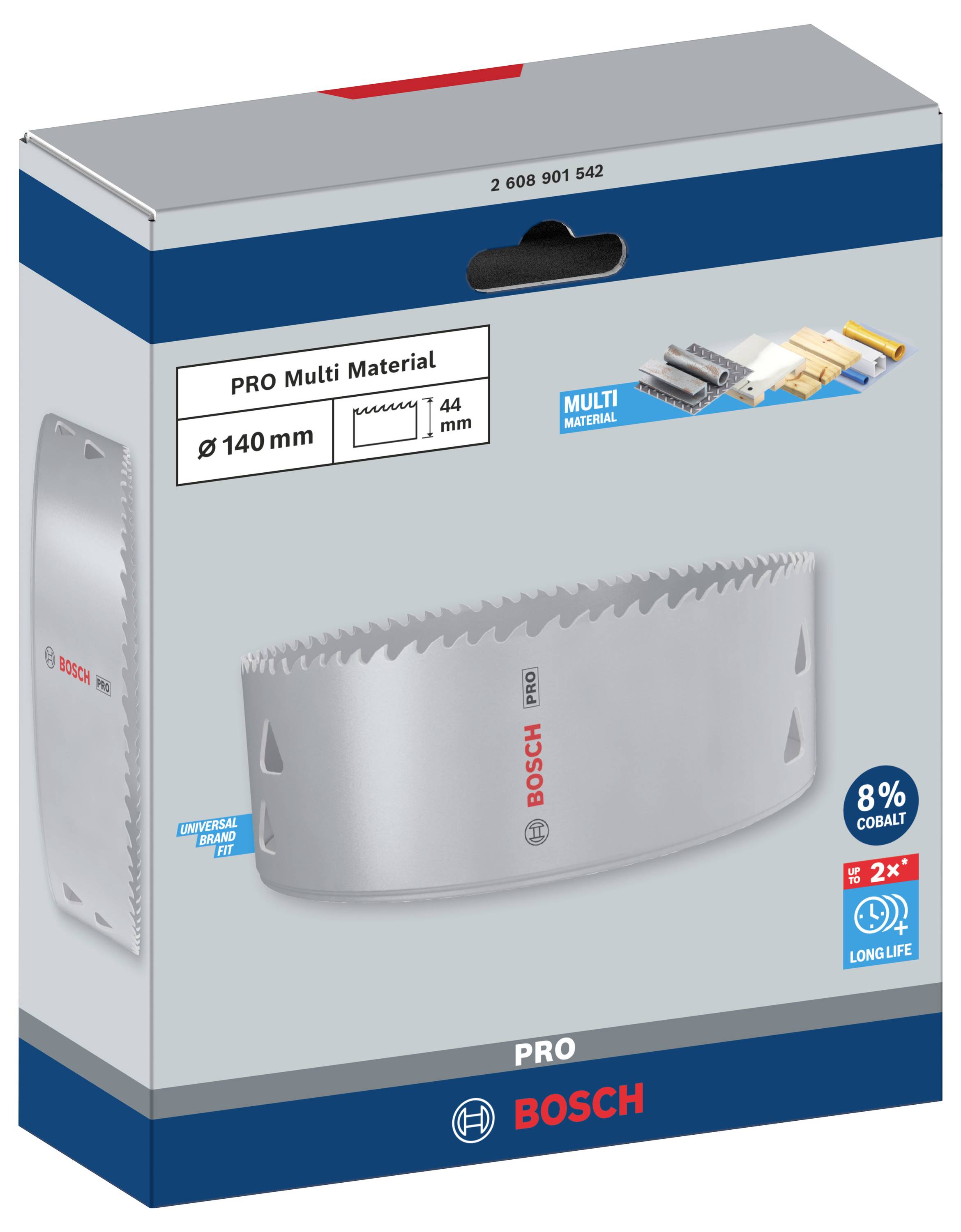 Emballage pour la lame de scie Bosch 'PRO Multi Matériaux' 140 mm, présentant la lame de scie, des exemples d'applications et 8% de cobalt pour une durabilité accrue.