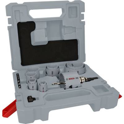 Un boîtier en plastique gris comprenant différentes lames de scie et accessoires, disposés dans un insert moulé prévu pour le rangement.