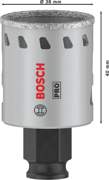 Scie à trou diamantée Bosch, couleur argent, diamètre de 38 mm, hauteur de 40 mm, pour applications professionnelles.