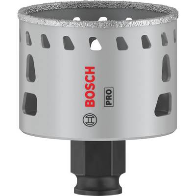 Couronne de forage argentée avec revêtement diamanté, logo de marque 'BOSCH PRO', adaptée pour un perçage précis dans des matériaux durs tels que les carrelages.