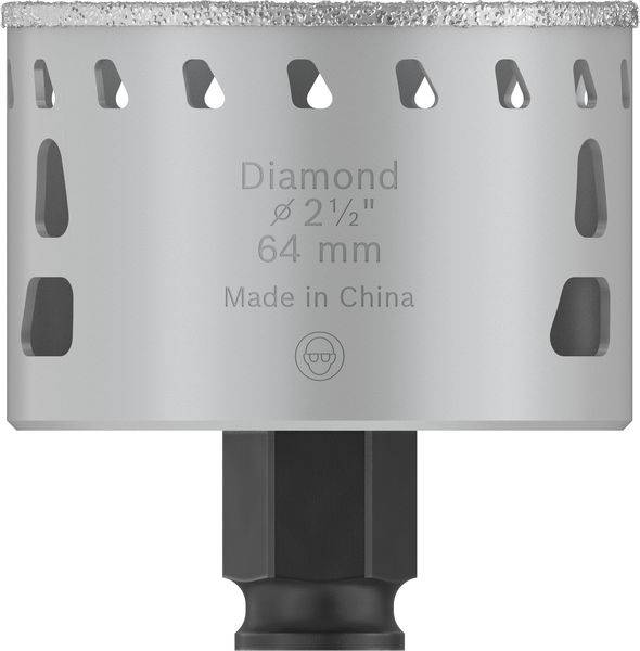 Couronne de forage diamantée, diamètre 64 mm, argentée, avec des dents le long du bord, inscription 'Diamond ø 2½" 64 mm Made in China'.
