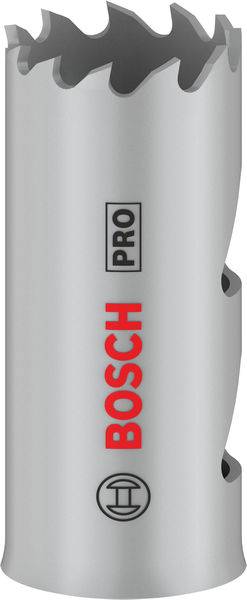 Scie cloche argentée aux dents acérées, avec logo rouge 'Bosch Pro', adaptée pour un perçage précis dans le bois et le métal.