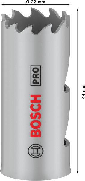 Scie-cloche métallique, diamètre de 22 mm, longueur de 44 mm, couleur argent avec logo Bosch, dentelure de coupe pour une découpe précise dans le métaux.