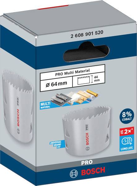 Illustration d'un emballage de lame de scie Bosch pour multi-matériaux, diamètre 64 mm, 8 % cobalt, avec des images des applications.