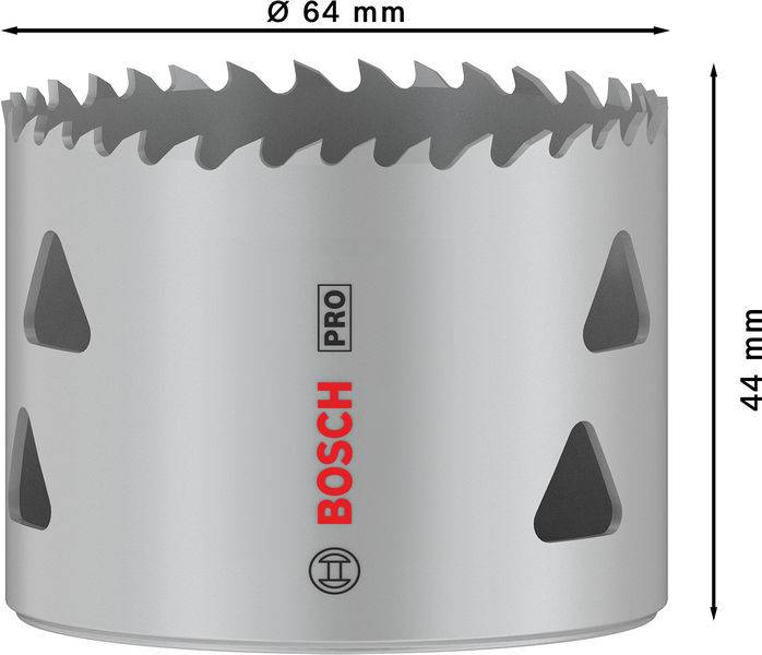 Scie cloche métal avec dents, portant l'inscription 'BOSCH PRO'. Diamètre 64 mm, hauteur 44 mm. Adaptée pour le perçage précis dans le métal.