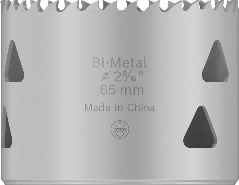 Scie cloche en argent, 65 mm, avec l'inscription 'BI-Métal Ø 65 mm Fabriqué en Chine'. Convient pour percer de grands trous dans le métal.