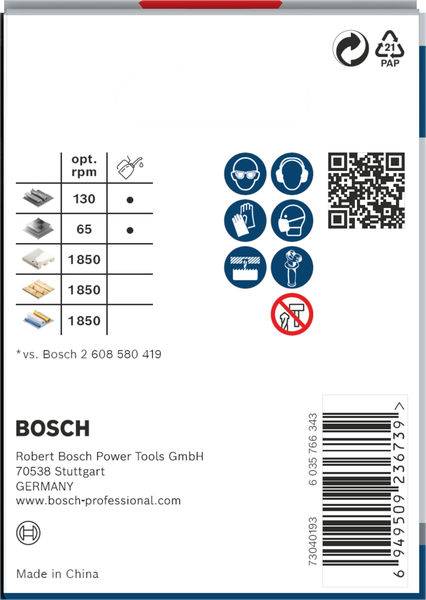 Étiquette d'un emballage Bosch avec des symboles pour les mesures de protection et les spécifications des disques abrasifs, incluant un code QR et des codes-barres.