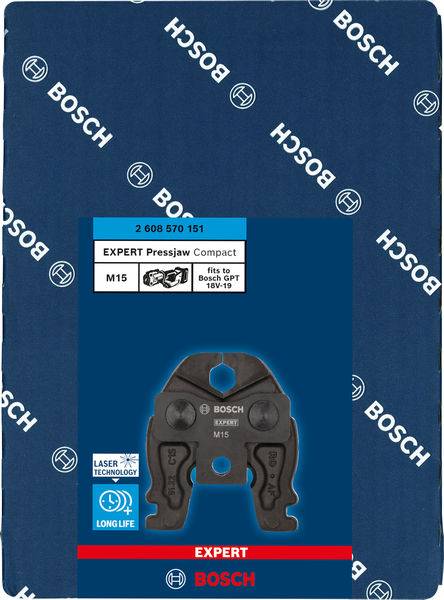 Emballage d'une pince à sertir Bosch Compact M15, compatible avec Bosch BPT 10-19. Met l'accent sur la durabilité et la technologie laser.