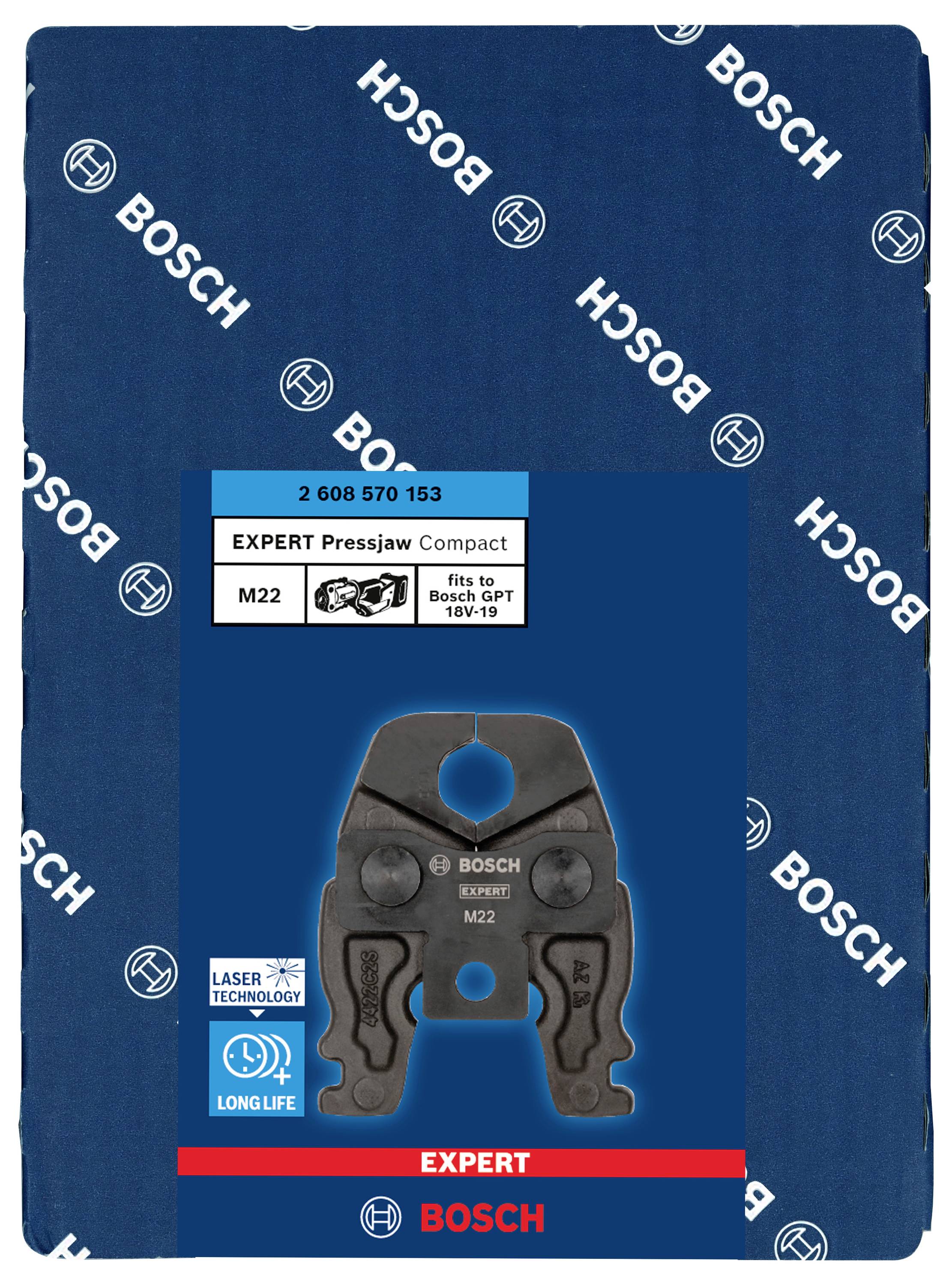 Emballage 'Bosch Expert' avec illustration d'une pince à sertir ; Détails : M22, compatible avec Bosch GPt 10V-18V, technologie laser, durable.