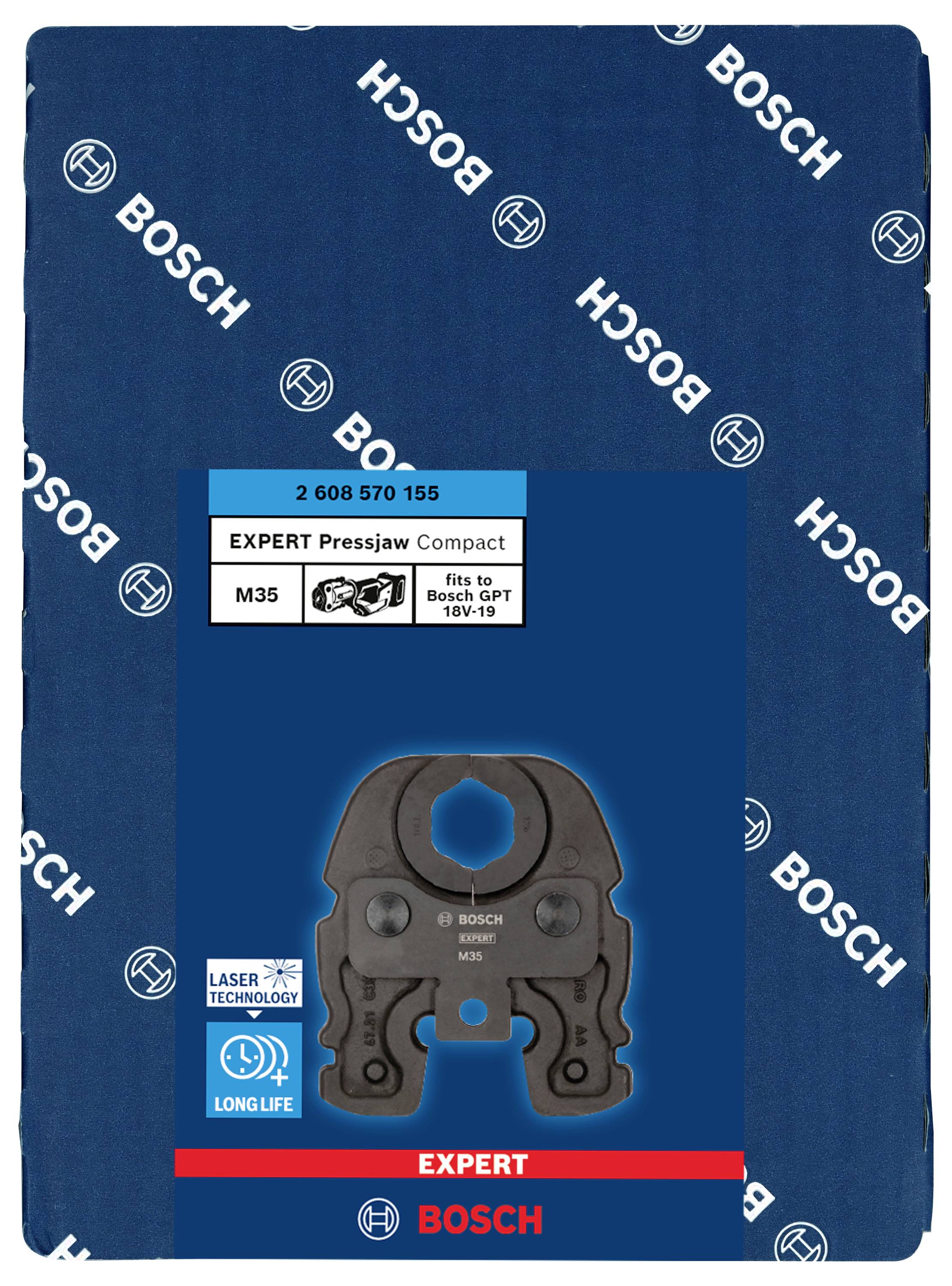 Bosch 'EXPERT Pressjaw Compact' en M35. Compatible avec Bosch GPT 18V-19. Accent mis sur la durabilité et la technologie laser.