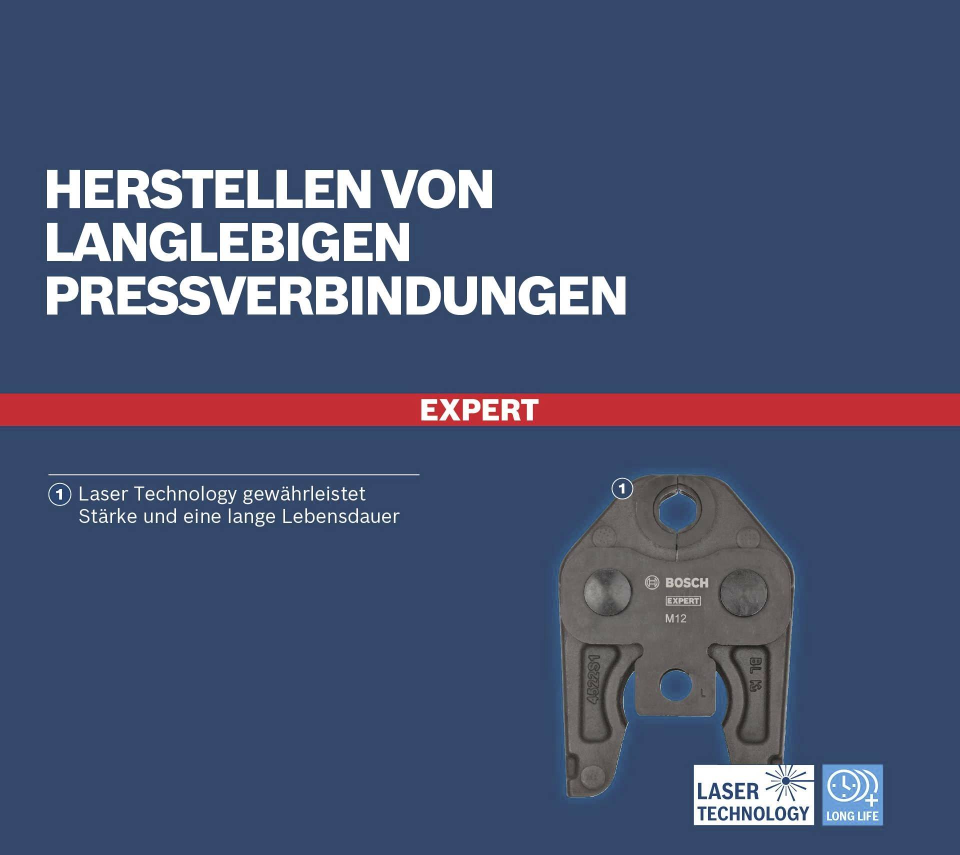 L'image montre un outil pour des raccords à sertir durables, présenté comme un produit Bosch. Il promet robustesse et longévité.