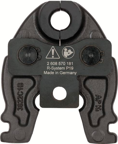 Un outil de presse portant l'inscription 'R-System P19 Made in Germany'. Il est noir et gris avec une ouverture circulaire en haut.