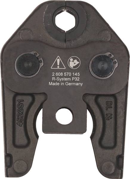 Outil de pressage professionnel portant l'inscription '2 608 570 145 R-System P32 Made in Germany', adapté pour des connexions précises.