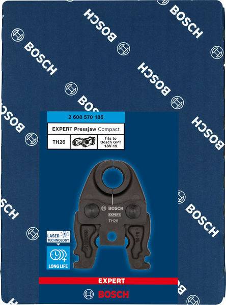 'Bosch Expert Pressjaw Compact TH26', mâchoire de presse noire sur fond bleu, adaptée aux formats 16-19, durable, technologie laser.