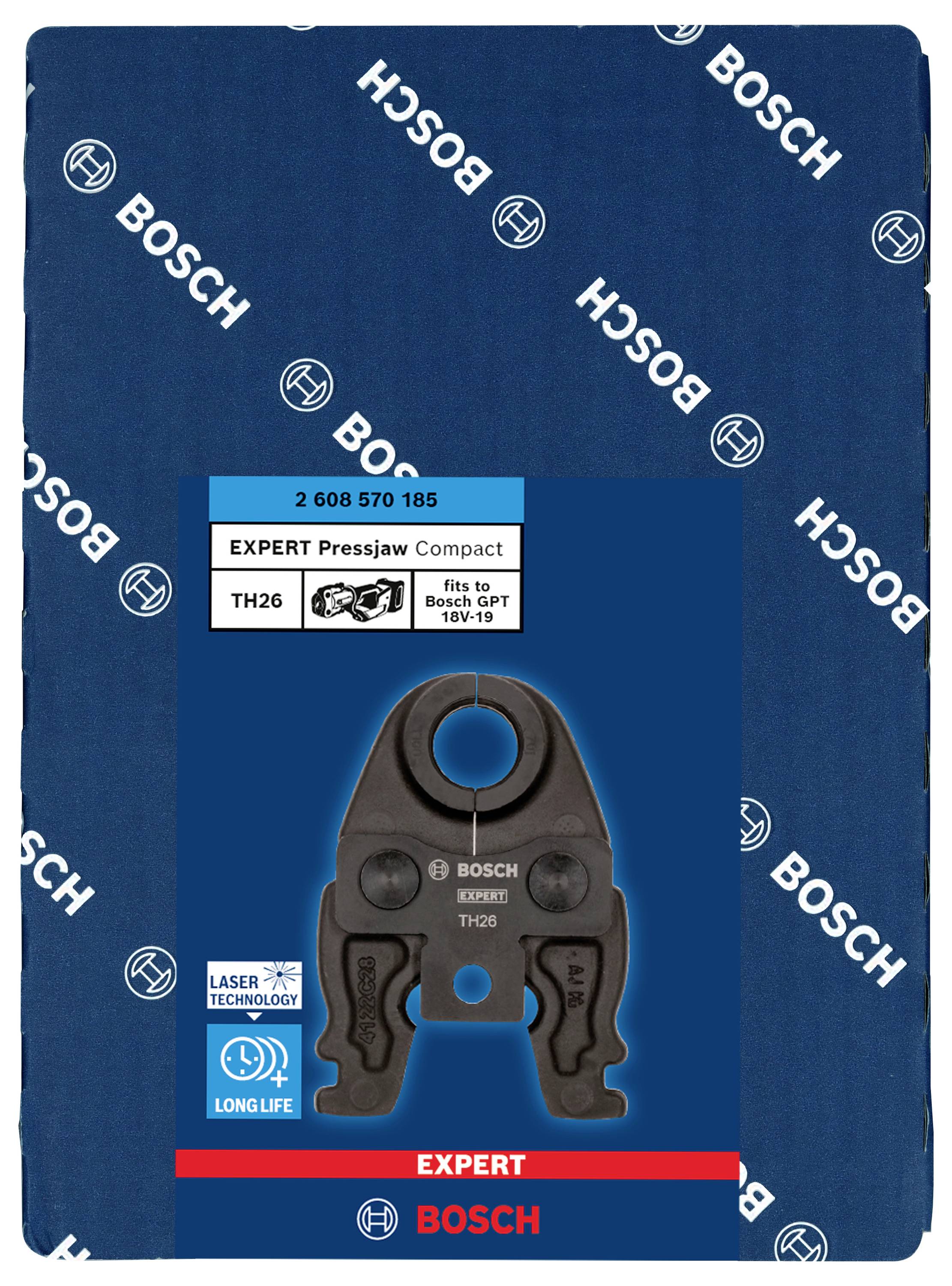 'Emballage de produit pour pince à sertir Bosch TH26 avec technologie laser, compatible avec 18V-19V, adaptée à une utilisation prolongée.'