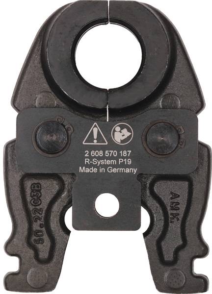 Une pince en métal portant l'inscription 'Made in Germany', avec des symboles et des lettres. Principalement utilisée pour fixer ou assembler des matériaux.