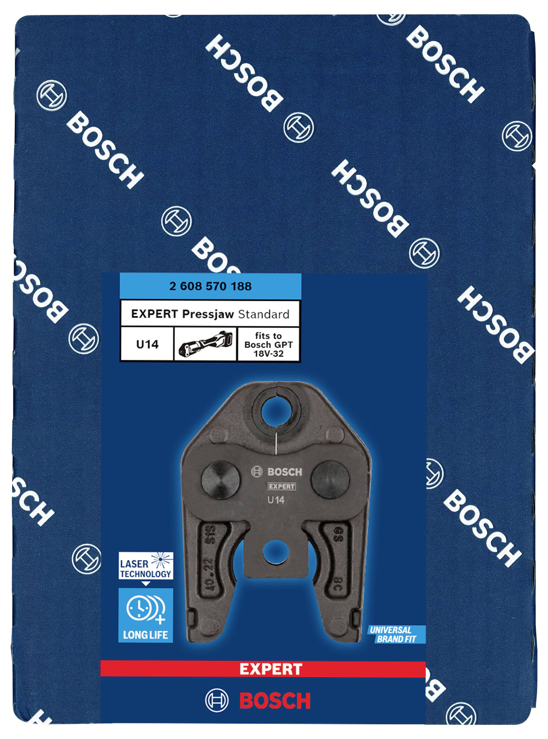 Emballage d'une pince à sertir Bosch, modèle 'EXPERT Pressjaw Standard U14'. Adaptée pour les tubes jusqu'à 18V-32mm ; affichant le symbole de la technologie laser.