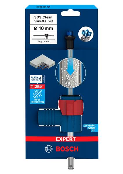 Coffret de forets SDS 'SDS Clean plus-8X Set' pour trous de 10 mm, offrant un contrôle des poussières et jusqu'à 25 % de réduction de la poussière. Marque : Bosch.