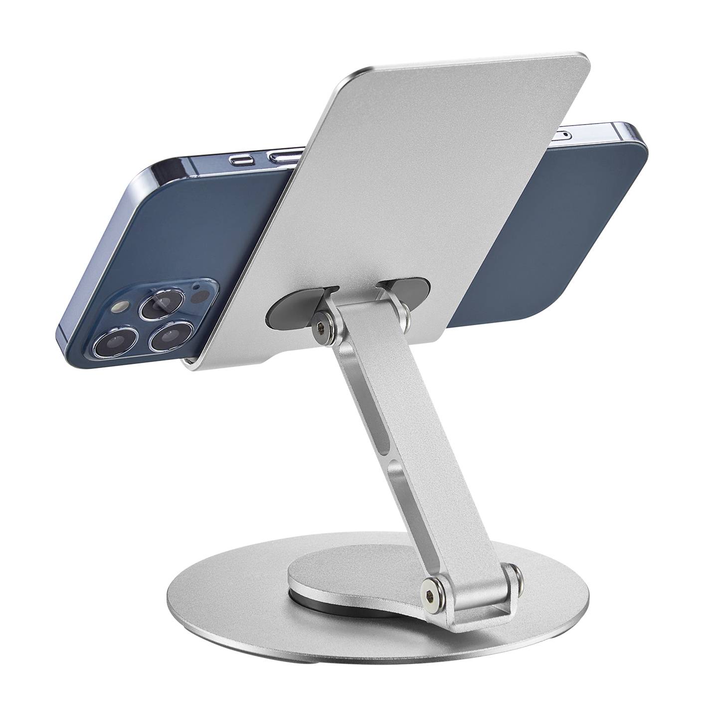 Smartphone en orientation horizontale sur un support réglable en argent, offrant une stabilité sur une surface plane.