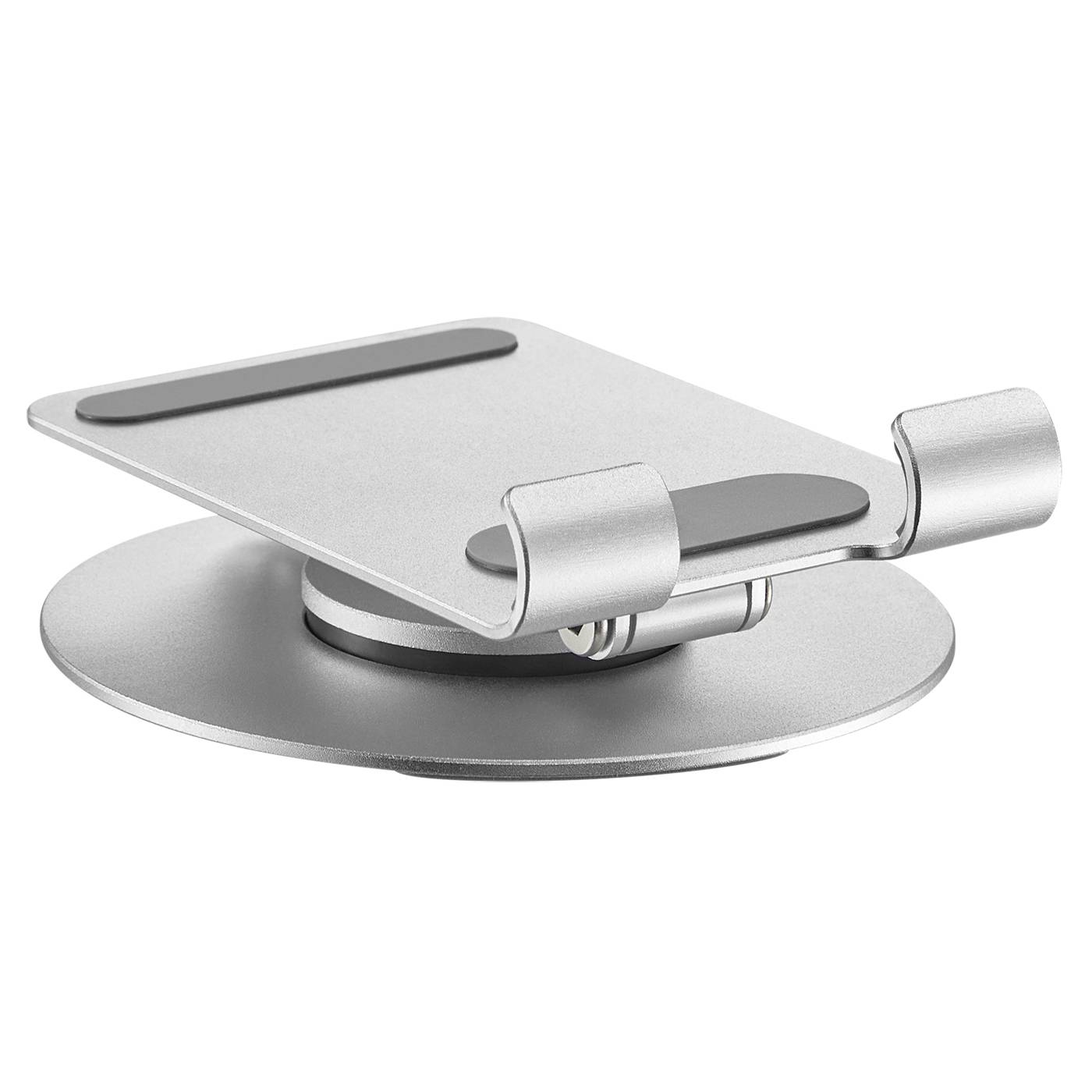 Support de tablette argenté, ajustable, avec des articulations rondes pivotantes et des coussinets en caoutchouc antidérapants. Idéal pour une prise stable et une utilisation flexible.